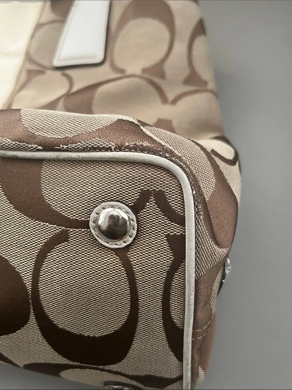 Coach Signature Stripe Kisslock Carryall Cream with Leather Trim